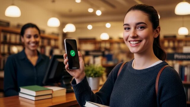 Happy caucasian woman paying with phone at book checkout, showing face id successful payment in a library footage.