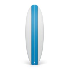 Fototapeta premium White surfboard with blue stripes standing upright isolated on white background