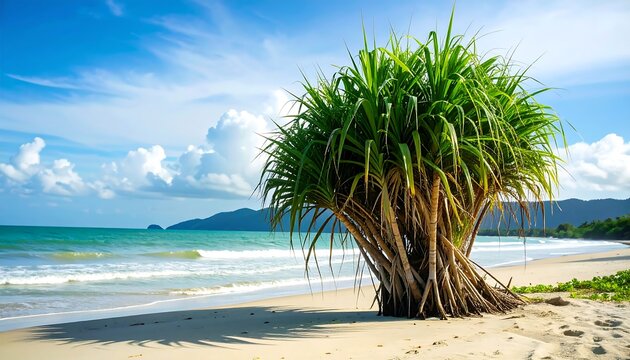 Pandanus tree on sandy beach, with turquoise sea, under partly cloudy blue sky