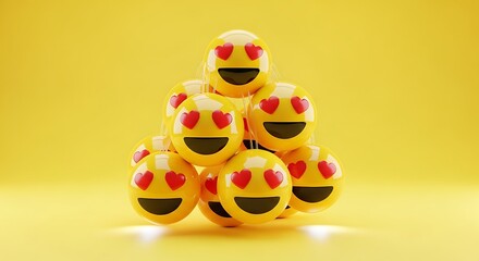 A pyramid of emoji balls with heart eyes on a yellow background creates a fun mood
