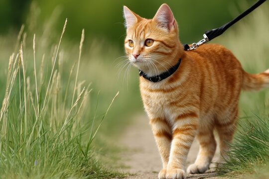 A ginger tabby cat on a leash walks along a grassy path outdoors, alert and curious in a natural environment
