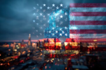 A digital padlock with the American flag overlay symbolizes cybersecurity and data protection in the United States