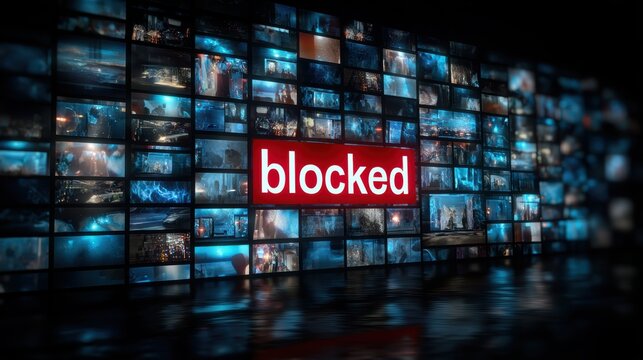 A digital screen wall of blue-toned images with a bold red "blocked" sign in the center, symbolizing restricted or censored content