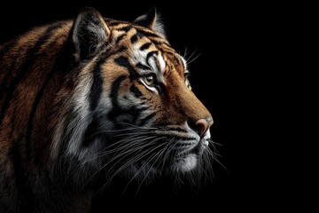 Obraz premium A majestic tiger’s profile is highlighted against a black background, showcasing its striking stripes and intense gaze