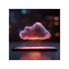 Digital cloud glowing above smartphone. Futuristic technology and data storage concept.