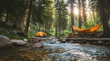 Riverside camping spot with a hammock, tent, and backpack next to a flowing stream