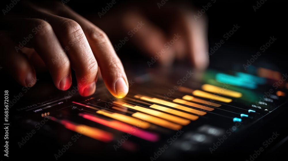 Poster medium shot of a marketer adjusting price sliders on a digital dashboard with focused hands and blur