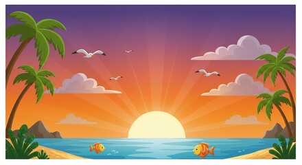 Sunset beach scene illustration