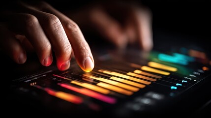 Medium shot of a marketer adjusting price sliders on a digital dashboard with focused hands and blurred surroundings representing realtime algorithmic price optimization.