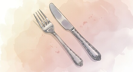 Silver cutlery on watercolor background