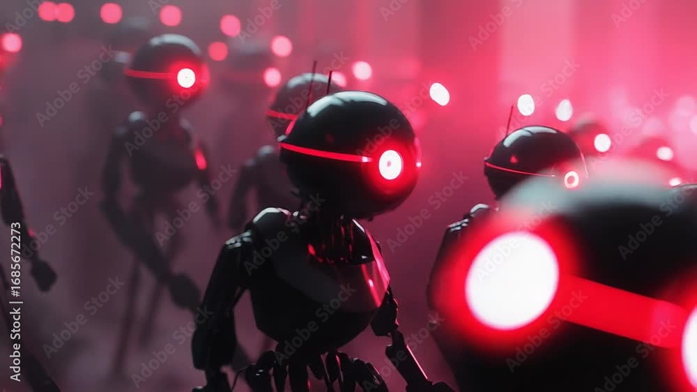 Poster army of robots marching with glowing red eyes in a foggy environment