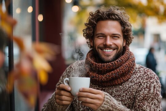 Man with curly hair wearing knit sweater and scarf holding coffee cup outdoors in autumn. Smiling relaxed expression, fall lifestyle concept