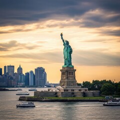 Fototapeta premium Statue of Liberty stands tall against a dramatic New York City skyline