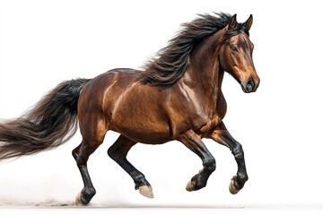 Fototapeta premium Strong brown horse gallops swiftly across a sandy landscape under bright sunlight during the afternoon