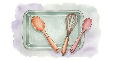 Watercolor kitchen utensils on baking sheet