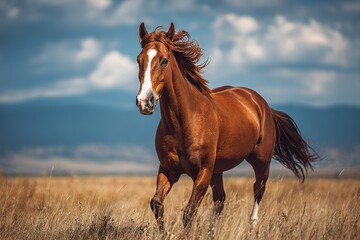 Fototapeta premium Majestic chestnut horse trots gracefully across a golden field under a blue sky in the countryside during afternoon light