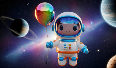 Cute astronaut floating in outer space holding a colorful balloon surrounded by planets and stars, creating a whimsical and dreamy atmosphere.