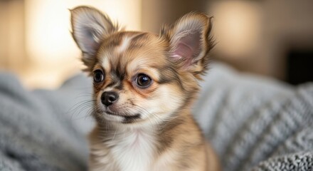 Obraz premium Charming long coat Chihuahua puppy close up portrait, a delightful animal friend