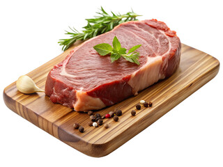 Fototapeta premium Raw ribeye steak with herbs and spices on a wooden cutting board, isolated on transparent background