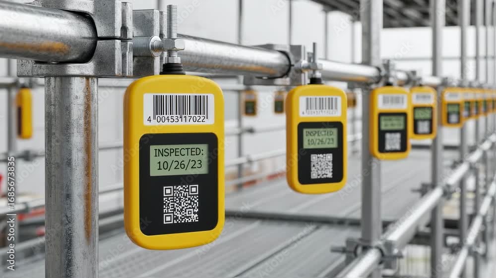 Poster detailed view of electronic scaffold tags attached to metal framework featuring barcode labels for a