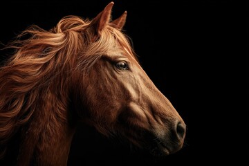 Majestic chestnut horse with flowing mane poses against a dark background during a tranquil moment