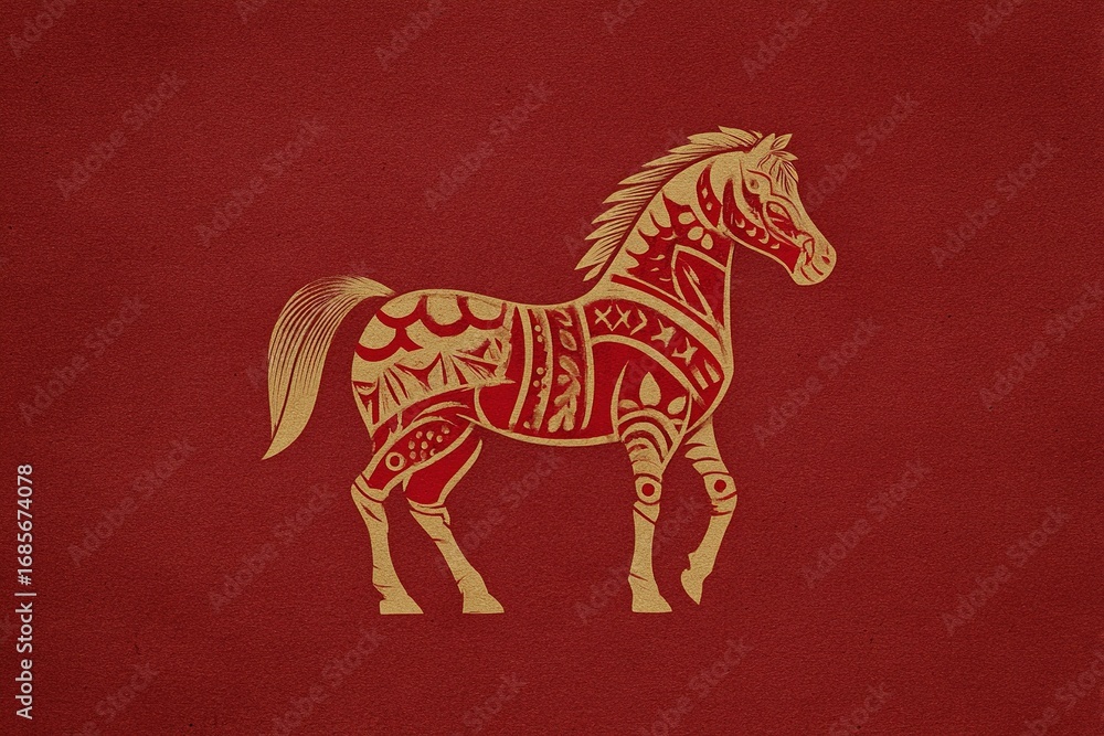 Poster decorative red background with a gold horse figure showcasing intricate patterns and designs in a vi