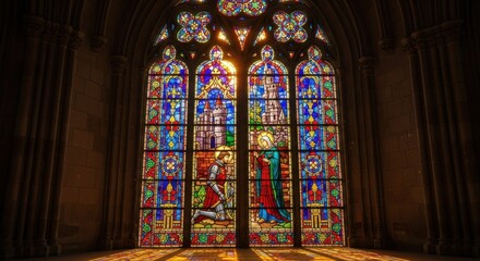 Stunning stained glass window depicting medieval figures and architecture