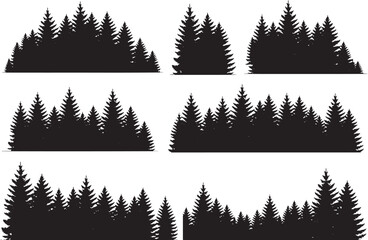Collection of silhouettes of pine trees and forests for natural landscape designs white background