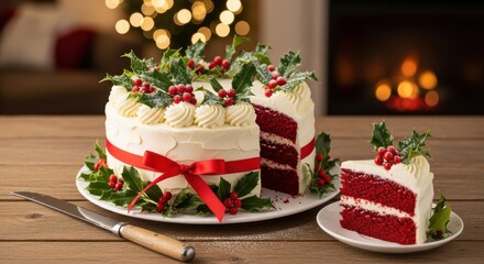Delicious Red Velvet Cake Celebration with Festive Decorations