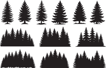 Obraz premium Collection of diverse pine tree silhouettes for nature themed designs and forest scenes white background
