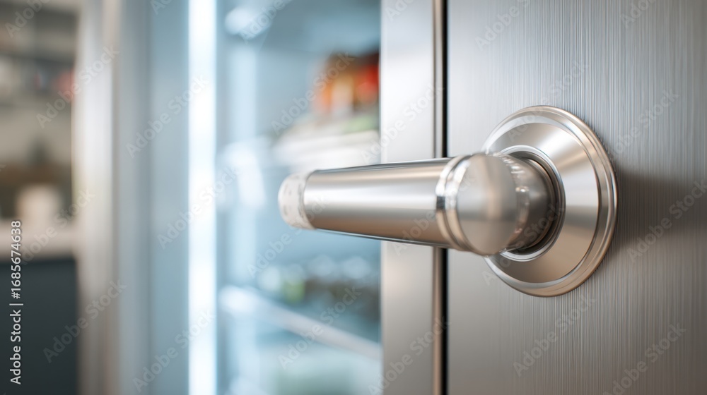 Poster medium shot focusing on ecofriendly refrigerator door handle with soft background blur highlighting 