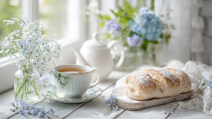 Shabby chic breakfast, soft light, bread, tea, blue florals, pastel, calm, Scandinavian