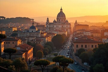 Serene cityscape view of Rome at dawn, bathed in golden light, perfect for meditation and tranquility Ancient architecture inspires inner peace , historical, dawn