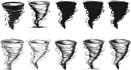 vector set of tornado twister cyclone sketch and silhouette vector set
