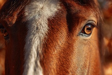 Close-up view of a brown horse's eye showcasing remarkable detail and texture in a tranquil outdoor setting