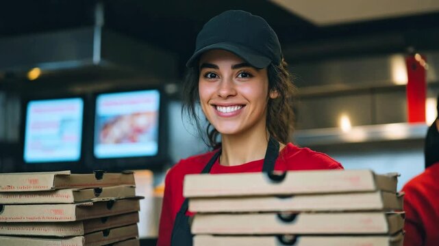 Smiling young delivery woman in cap and uniform holding stack of pizza boxes in pizzeria. Takeaway food concept, pizza delivery, fast food