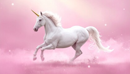 Naklejka premium Majestic unicorn with golden horn galloping through pastel dreamscape with glitter trails and soft pink fantasy clouds