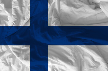 Stylized image of the Finnish flag with a crumpled paper texture and halftone effect. Concept of...