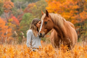 Young woman interacts with a horse in a vibrant autumn field surrounded by colorful foliage