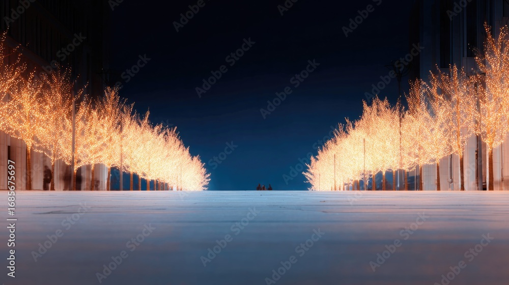 Poster illuminated trees line serene pathway, creating captivating, tranquil atmosphere