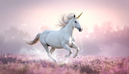 Fototapeta premium White unicorn with luminous golden horn galloping through ethereal light and floating stardust in a magical pink mist