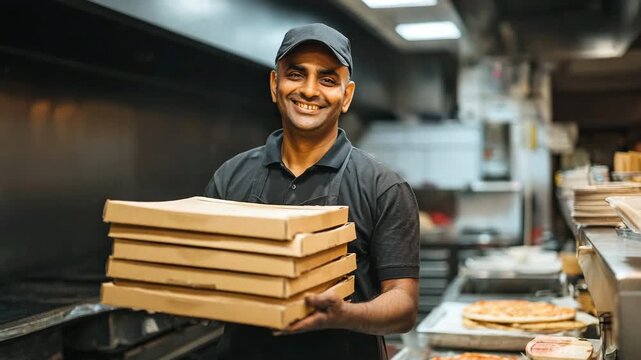 Smiling Indian delivery man in cap and uniform holding stack of pizza boxes in kitchen in pizzeria. concept of takeout food, pizza delivery, fast food