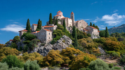 Fototapeta premium Medieval Keep with Wide Night-to-Morning Sky, Clean Web Header Template