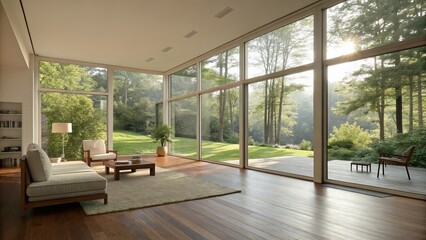 Fototapeta premium Modern Minimalist Living Room Design Floor-to-Ceiling Windows, Green Landscape View, Wood Floors, Modern Furniture. modern architecture, interior design