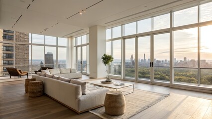 Modern Penthouse Living Room Floor-to-Ceiling Windows, Cityscape View, Minimalist Design Luxury apartment, Interior design, City view