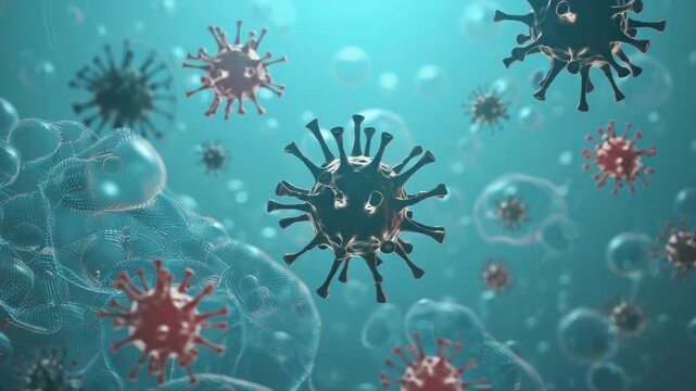 Detailed microscopic view of infectious virus cells spreading rapidly in a vibrant fluid environment perfect for medical research and educational content about global health crises