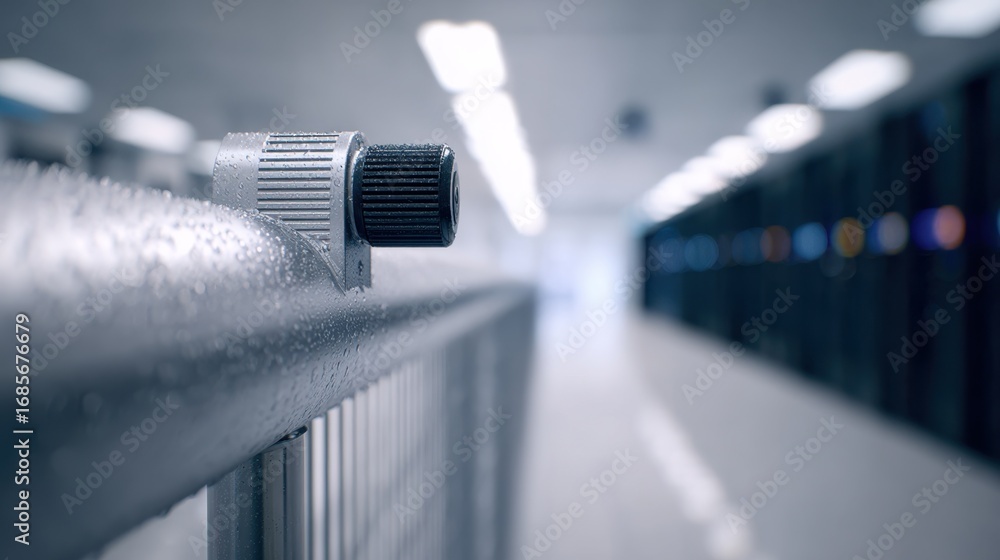 Poster Medium shot capturing a closeup of a sensor on a cooling loop pipe with the distant softly blurred data center cabinets filling the frame.