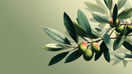 Minimal close-up of green olive fruits on slender branches with soft matte green background for natural design

