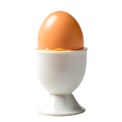 A single brown egg sits in a white ceramic egg cup against a solid black studio background scene view