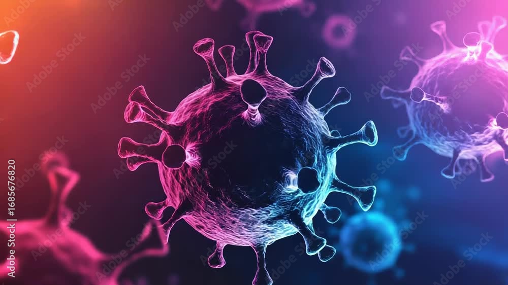 Poster coronavirus particles floating in a colorful gradient background